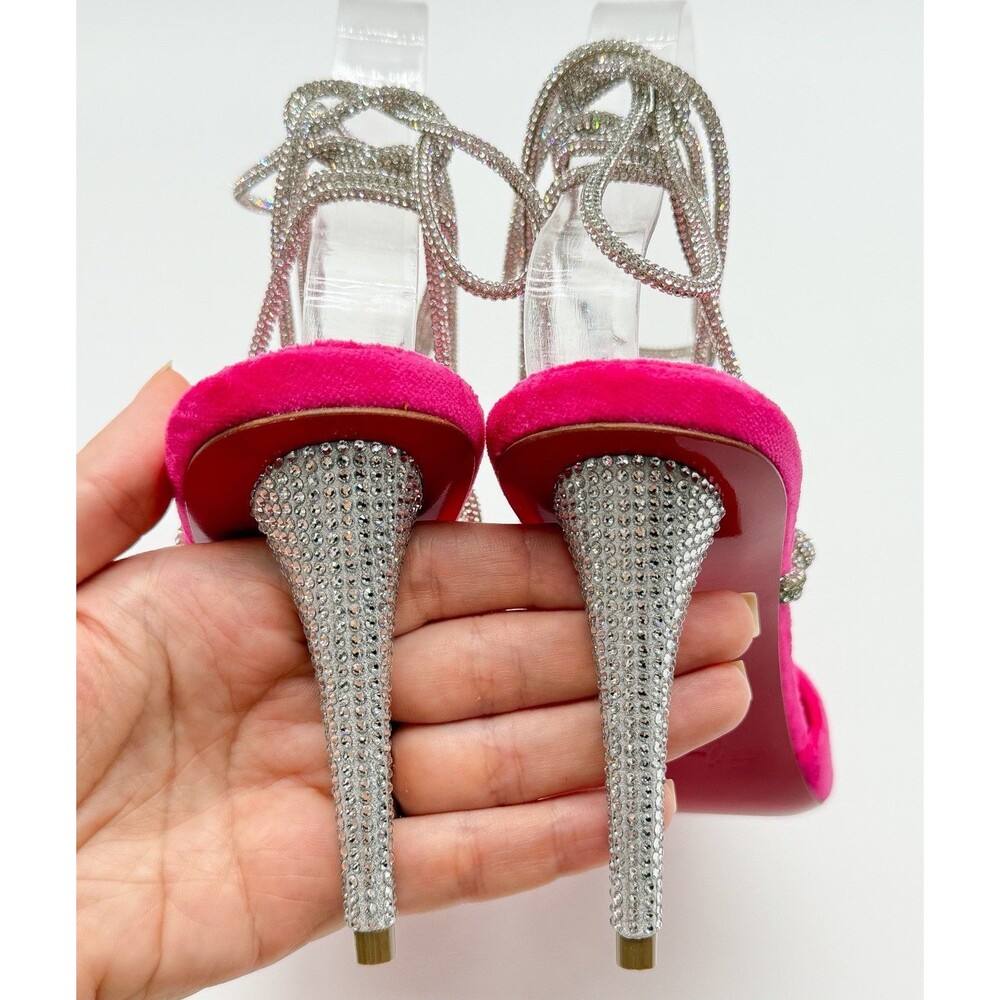 CHRISTIAN LOUBOUTIN Astrid Lace Strass 85 Pink Velvet Pumps Ankle Tie EU 39 US 9 - Picture 8 of 13